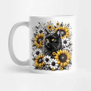 black cat encircled by white and yellow flowers Mug